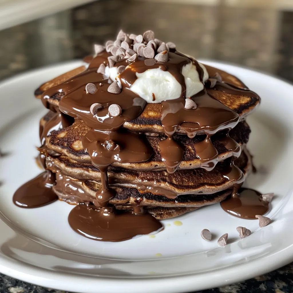 Side view of fluffy hot chocolate pancakes drizzled with creamy whipped cream and sprinkled with mini chocolate chips.