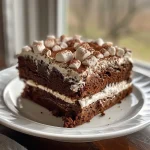 Close-up side view of a moist Hot Cocoa Cake layered with chocolate frosting and topped with mini marshmallows.