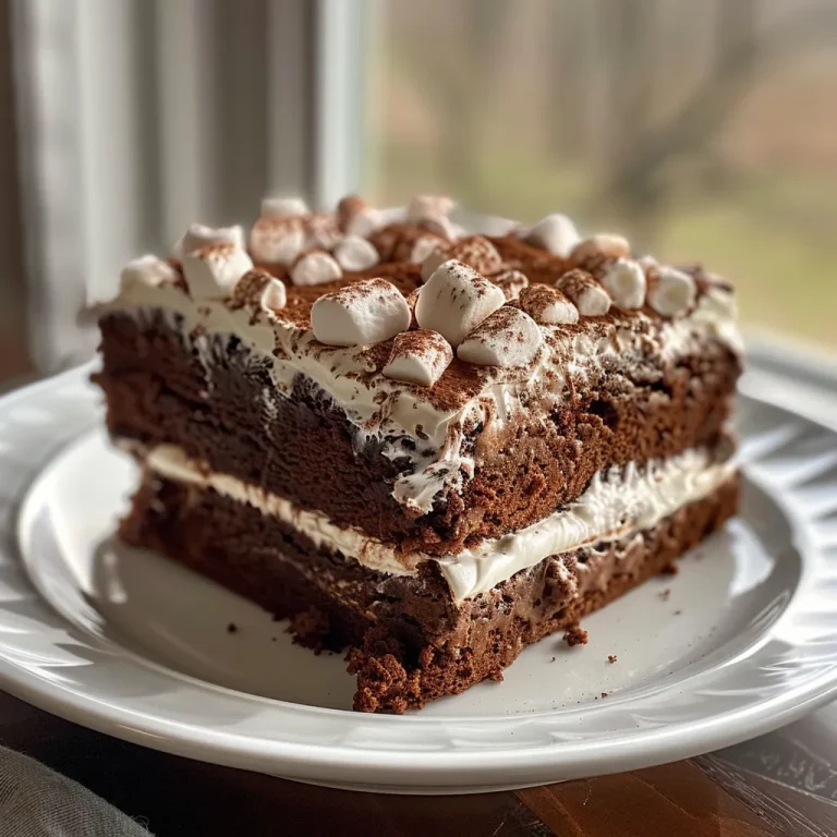 Close-up side view of a moist Hot Cocoa Cake layered with chocolate frosting and topped with mini marshmallows.