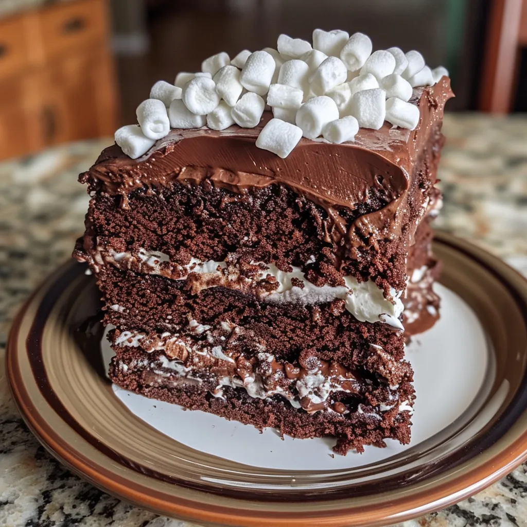 Rich chocolate Hot Cocoa Cake displayed with a glossy chocolate ganache and decorative chocolate shavings.
