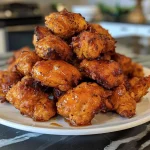 Close-up of crispy hot honey chicken bites arranged on a plate.