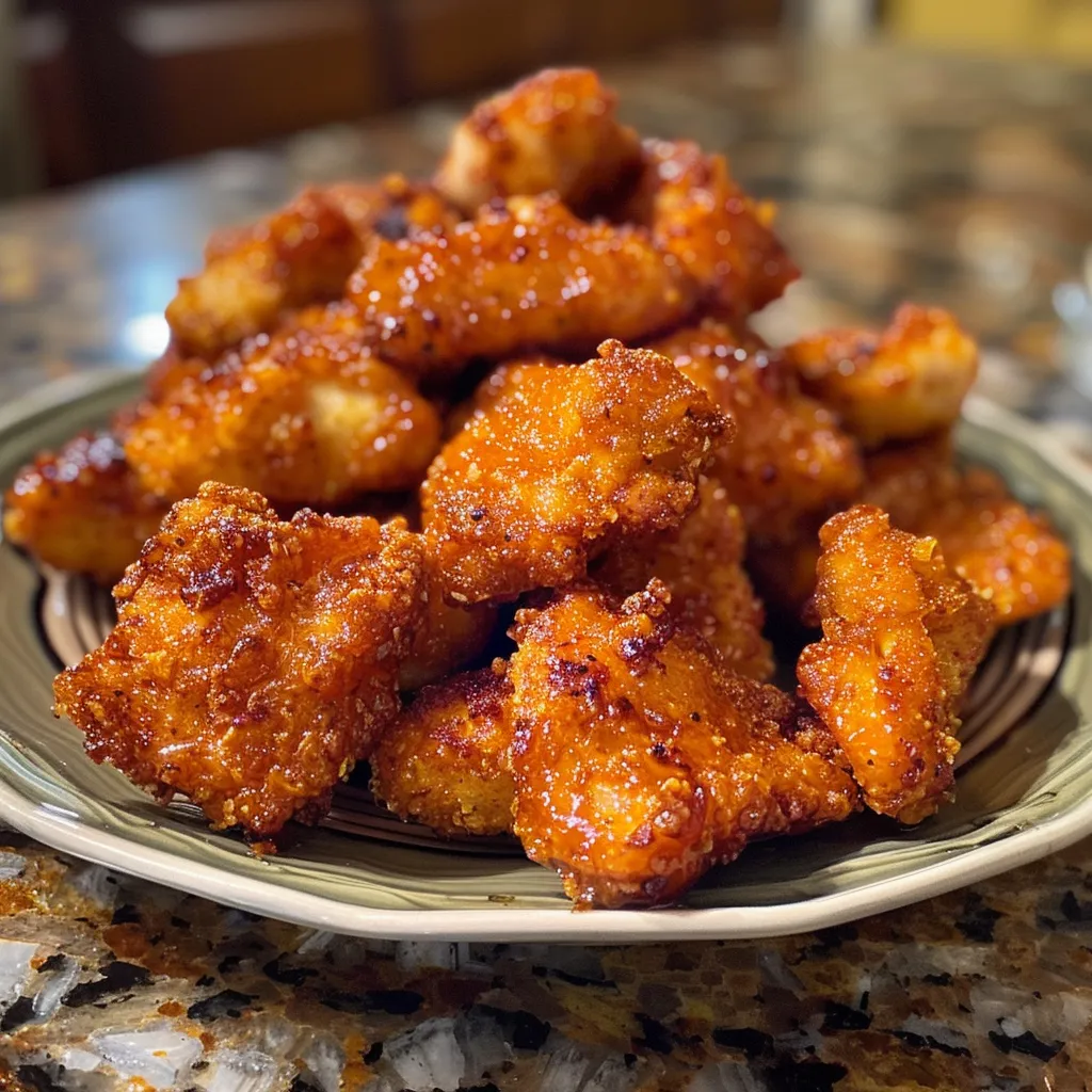 Juicy chicken pieces coated in a glossy hot honey sauce, side view.