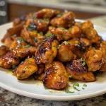 Juicy Hot Honey Drizzle Chicken Bites with a shiny glaze and spices.