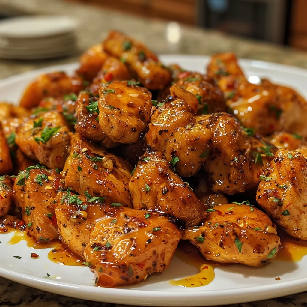 Close-up of golden-brown chicken pieces drizzled with hot honey and garnished.