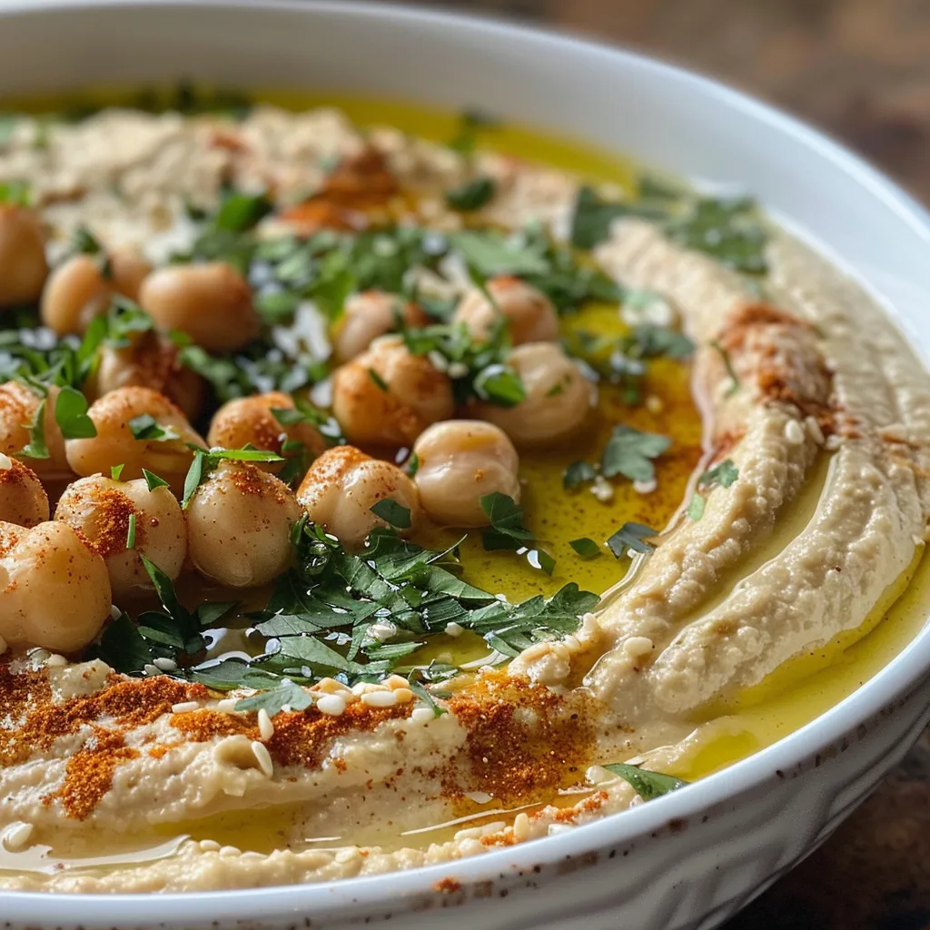 Side view of smooth hummus served in a bowl, garnished with parsley and paprika.