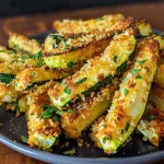 Close-up view of crispy Keto Air Fryer Zucchini Fries on a plate.