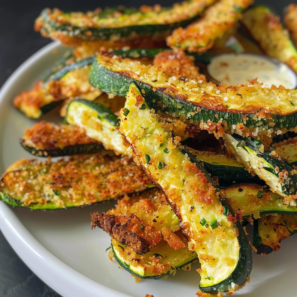 Side view of golden-brown Zucchini Fries seasoned and ready to eat.