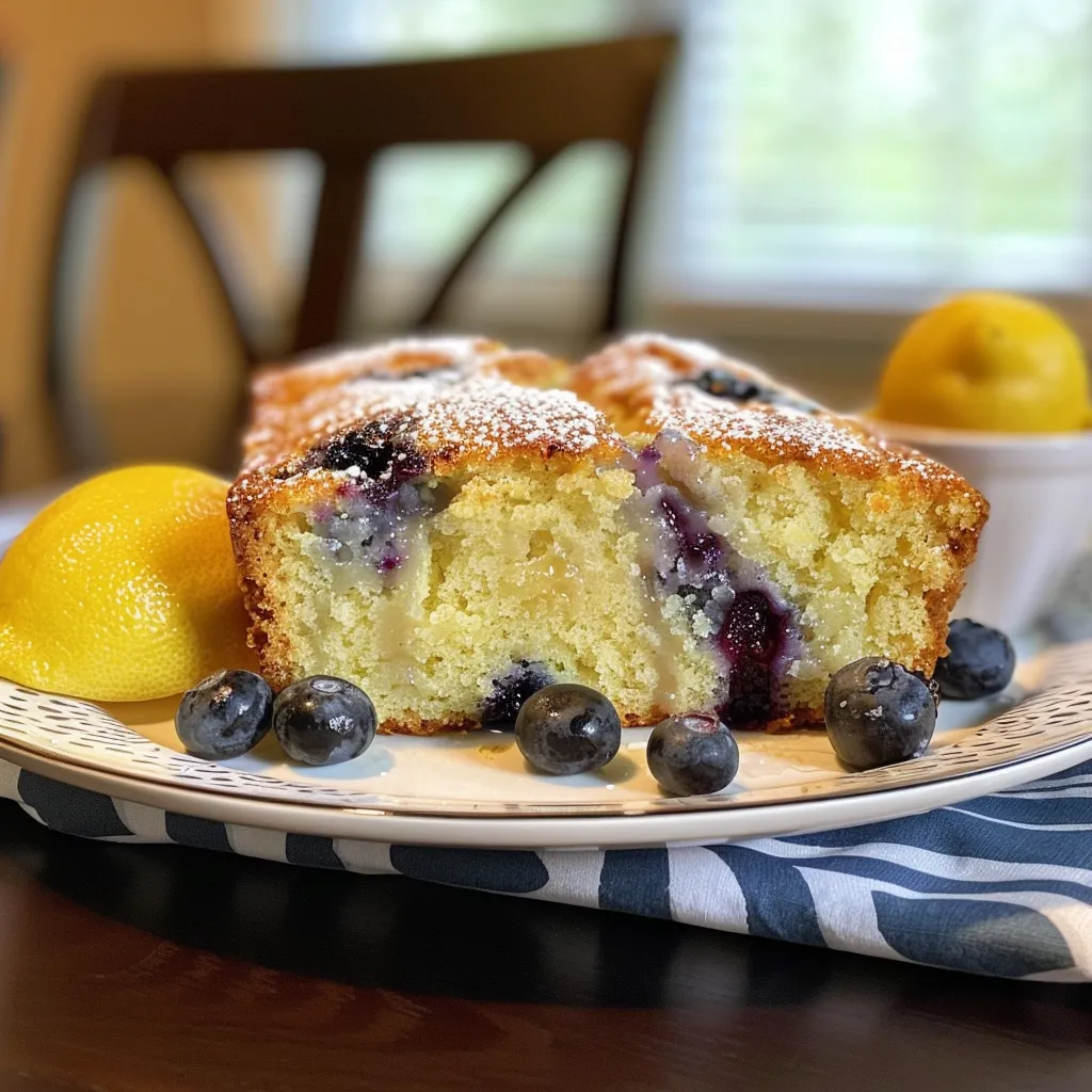Close-up of delicious Lemon Blueberry Bread, highlighting the moist texture and vibrant blueberries.