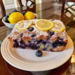 Close-up side view of a Lemon Blueberry Yogurt Loaf with blueberries peeking through.