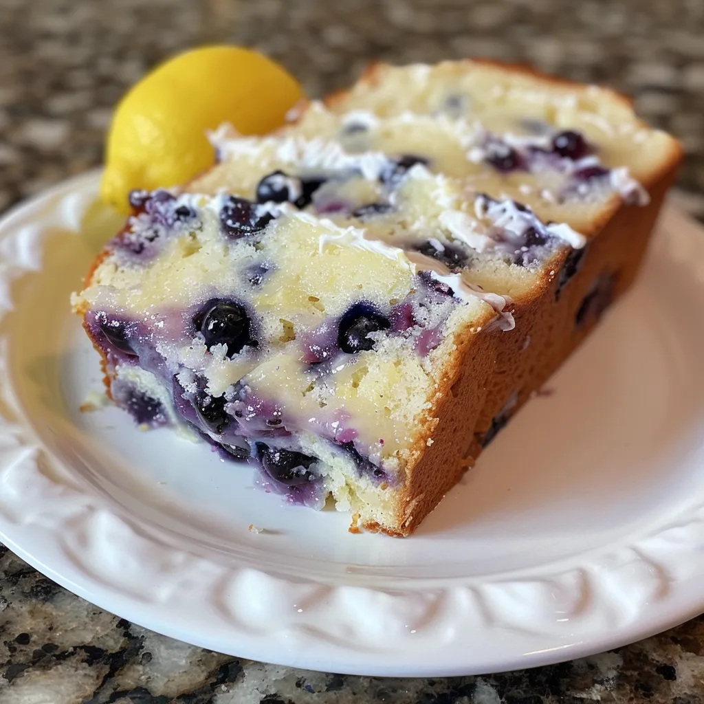 A moist Lemon Blueberry Yogurt Loaf displaying bright blueberries and a lemon glaze on top.