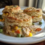 Close-up view of Mini Chicken Pot Pie Biscuits filled with chicken and vegetables.