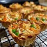 Close-up view of Mini Chicken Pot Pie Cups filled with chicken and vegetables.