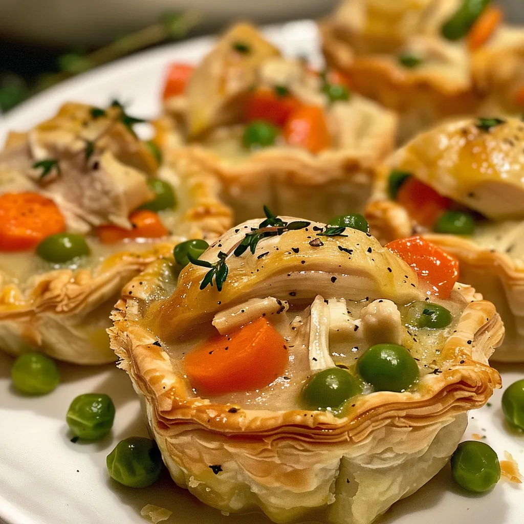 Side angle of golden-brown Mini Chicken Pot Pie Cups on a wooden surface.