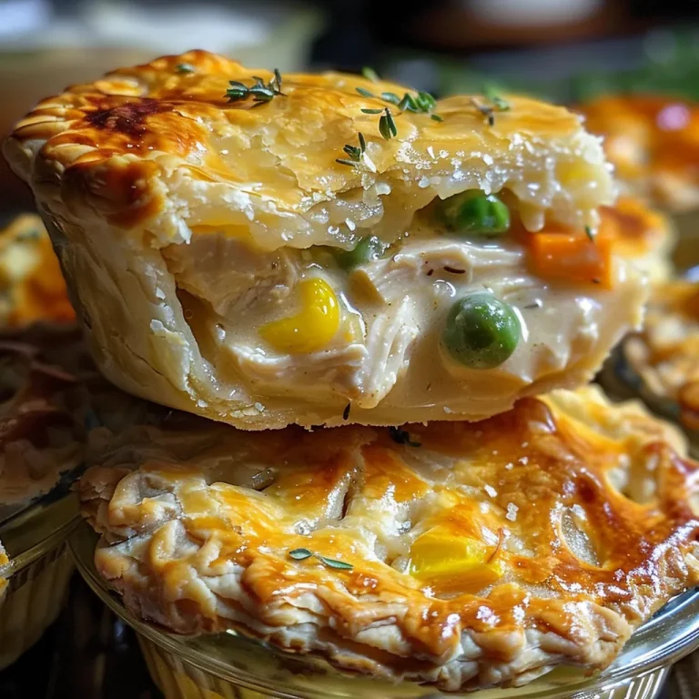 Close-up of golden-brown mini chicken pot pies, showcasing flaky crust and visible chicken filling.