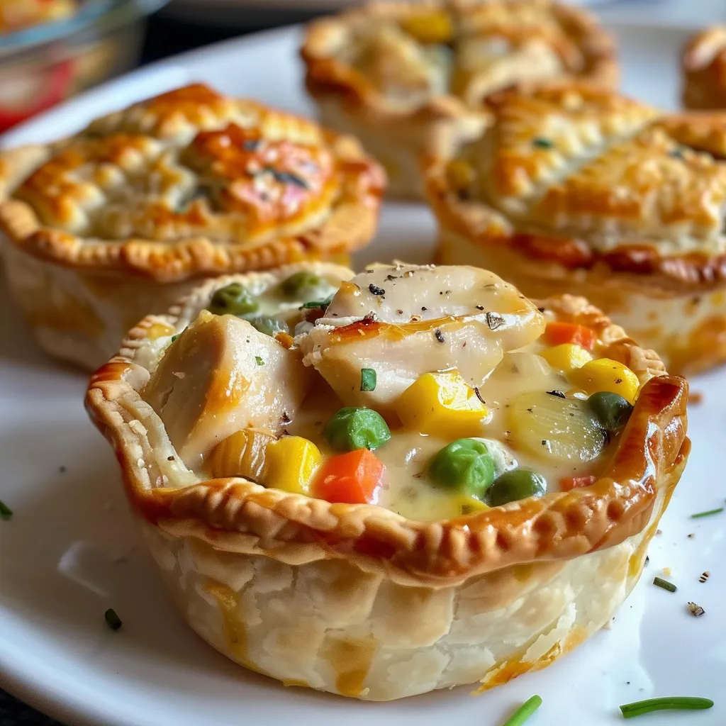Juicy mini chicken pot pies arranged neatly, showcasing flaky pastry and diced chicken.