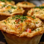 A close-up side view of mini chicken pot pie muffins, showing flaky crust and filling.