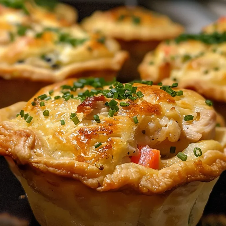 Little Bites of Comfort: Mini Chicken Pot Pies Muffins to Share and Savor A close-up side view of mini chicken pot pie muffins, showing flaky crust and filling.