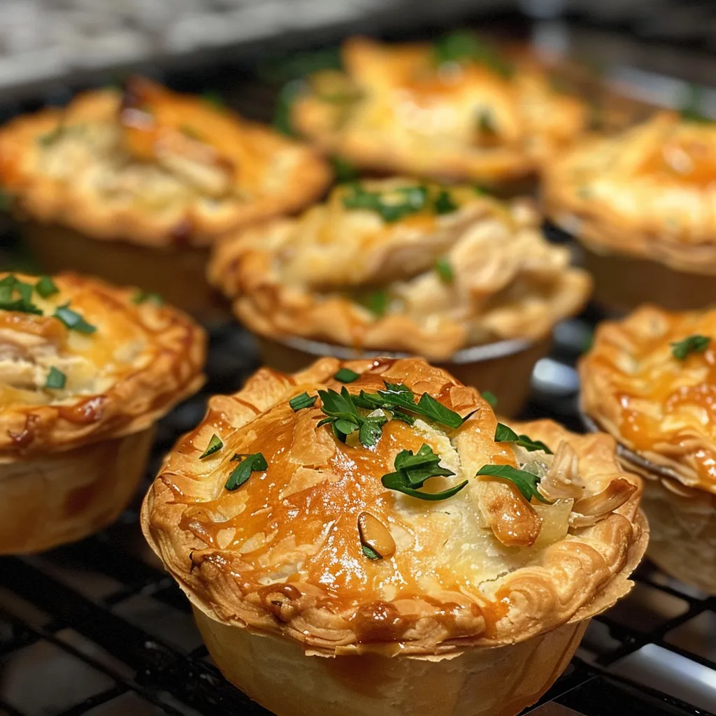 Juicy mini chicken pot pie muffins, displayed in a close-up, highlighting golden-brown tops.