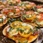 Close-up view of mini flatbread pizzas topped with colorful vegetables and cheese.