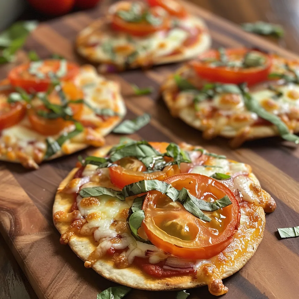 Side view of two mini flatbread pizzas with fresh basil and vibrant toppings.