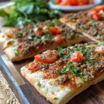 A side view close-up of Mini Lahmacun topped with yogurt sauce and fresh vegetables.