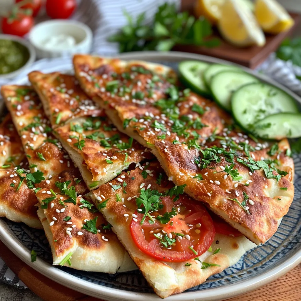Juicy Mini Lahmacun with a vibrant array of fresh vegetables and yogurt sauce.