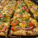 A close-up side view of a mini veggie flatbread topped with colorful vegetables.