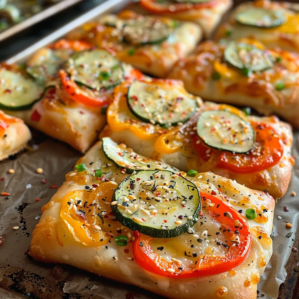 Side angle of juicy Mini Veggie Flatbreads showcasing melted cheese and fresh toppings.