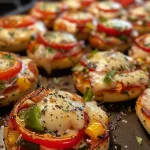 Close-up of Mini Veggie Pizza Bites with vibrant toppings.