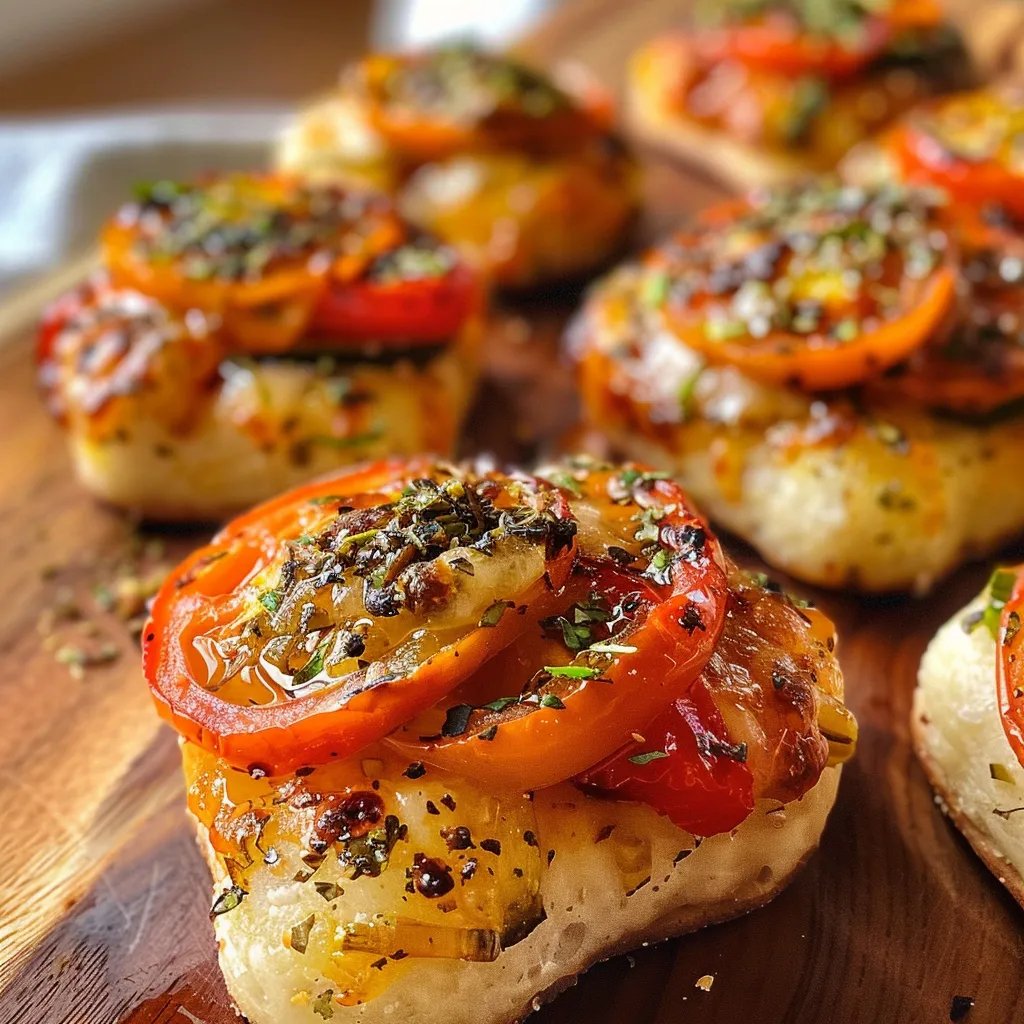 Side view of juicy Mini Veggie Pizza Bites on a plate.