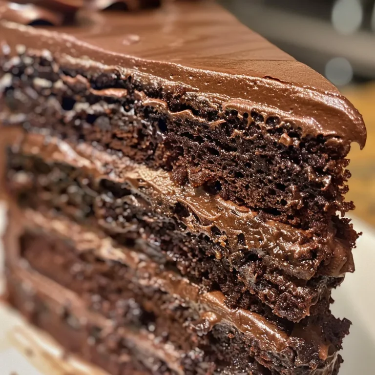 A side view of a moist chocolate cake with rich frosting.