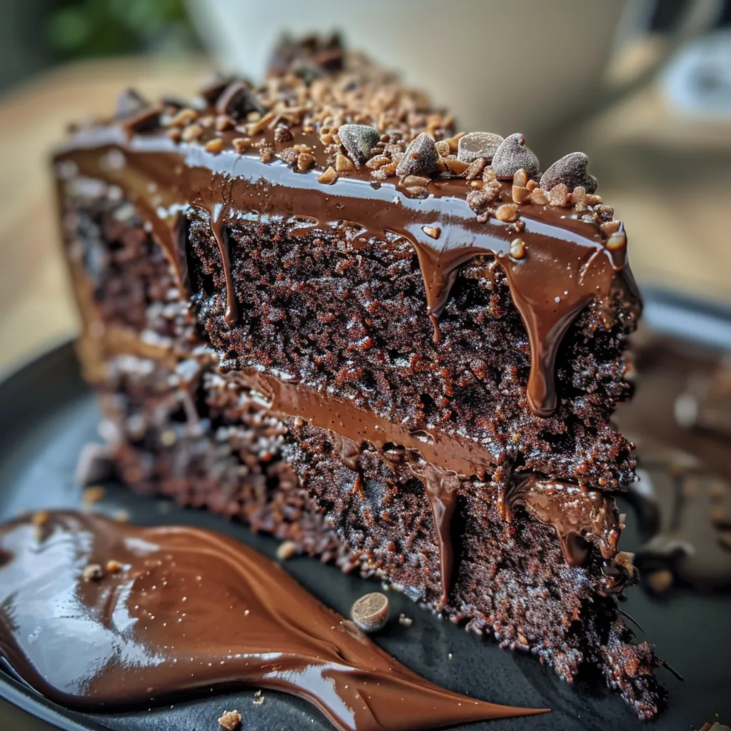 Close-up of a slice of decadent chocolate cake showcasing its moist layers.