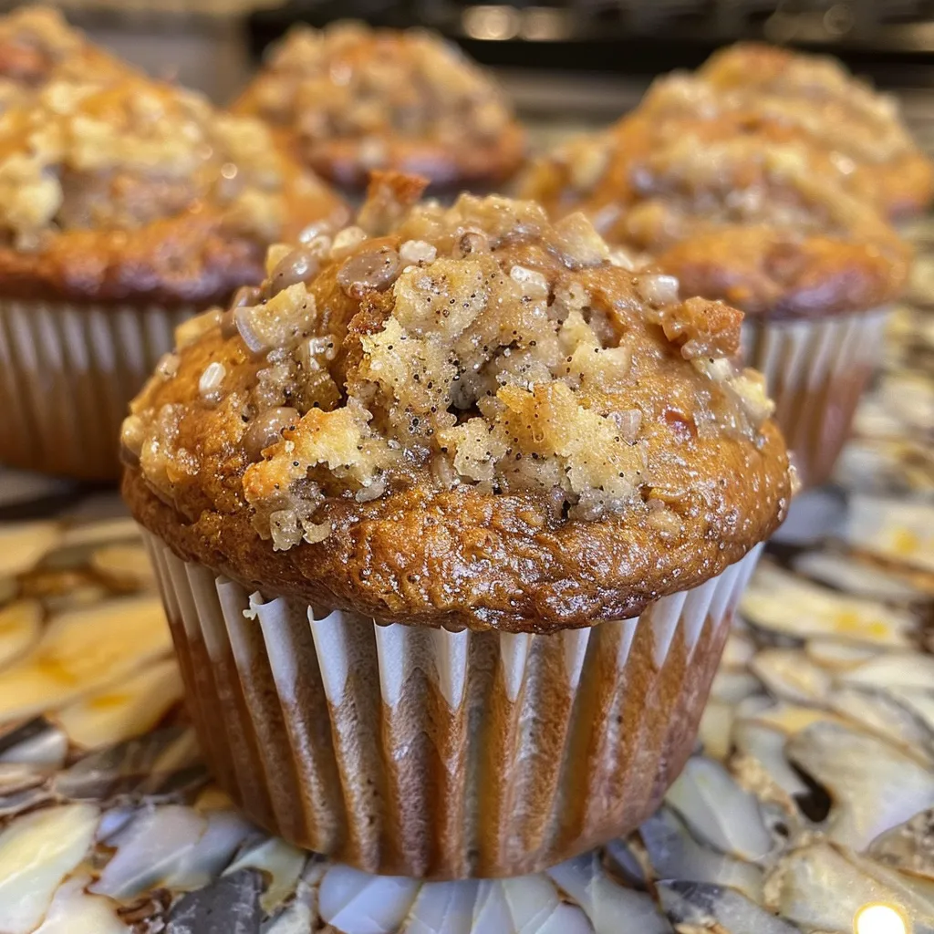 Side perspective of rich, golden-brown banana muffins, showcasing their moist texture.