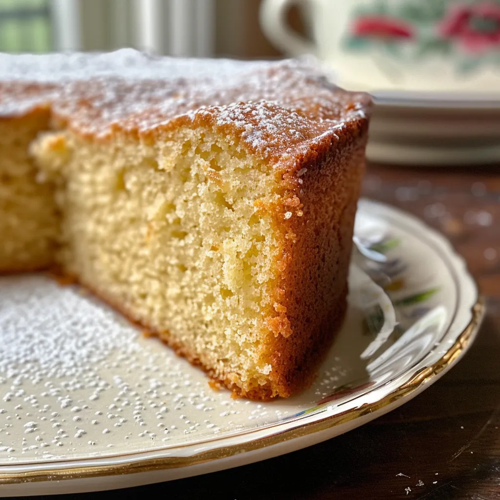Juicy slice of vanilla pound cake with a golden crust and soft interior.