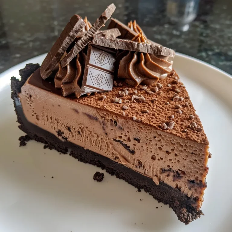 Close-up view of a slice of no-bake chocolate cheesecake with a smooth texture and chocolate topping.