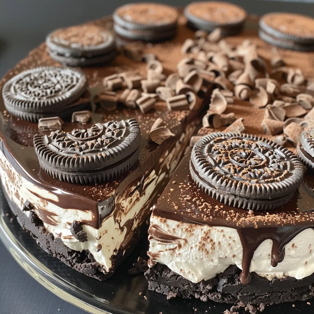 Side view of a decadent no-bake chocolate cheesecake showcasing its creamy layers and rich chocolate crust.