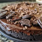 Close-up side view of a glossy No-Bake Chocolate Tart on a plate.