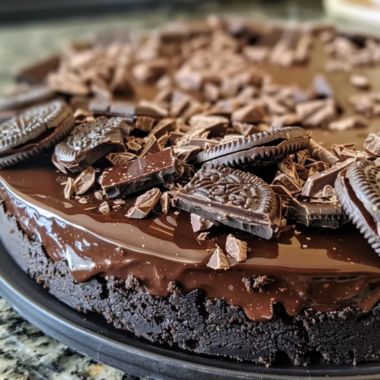 Close-up side view of a glossy No-Bake Chocolate Tart on a plate.