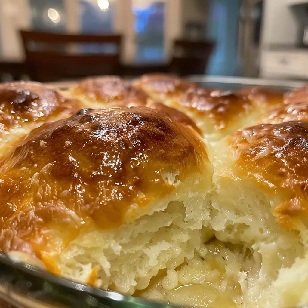 Side view of freshly baked no-yeast Greek yogurt rolls, showcasing their soft texture.