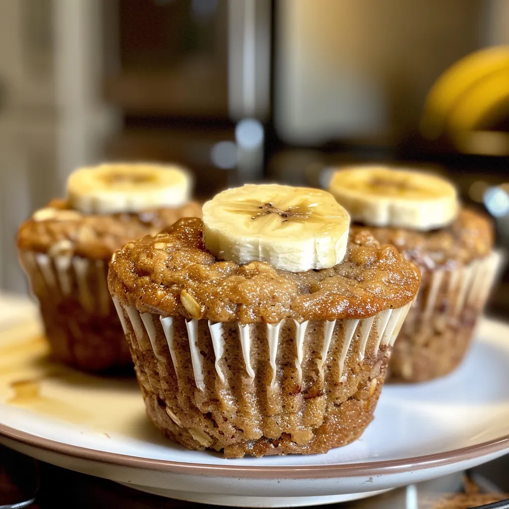 Side view of freshly baked oat flour banana muffins with a smooth texture.