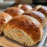 Close-up view of golden-brown oat flour dinner rolls with a soft texture.