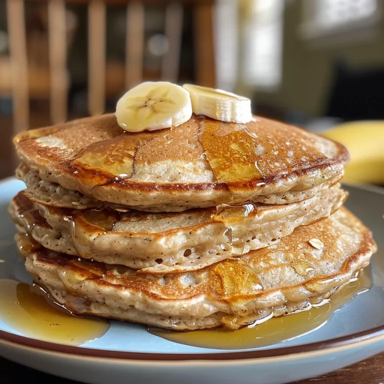 A stack of oatmeal blender pancakes topped with syrup and banana slices.