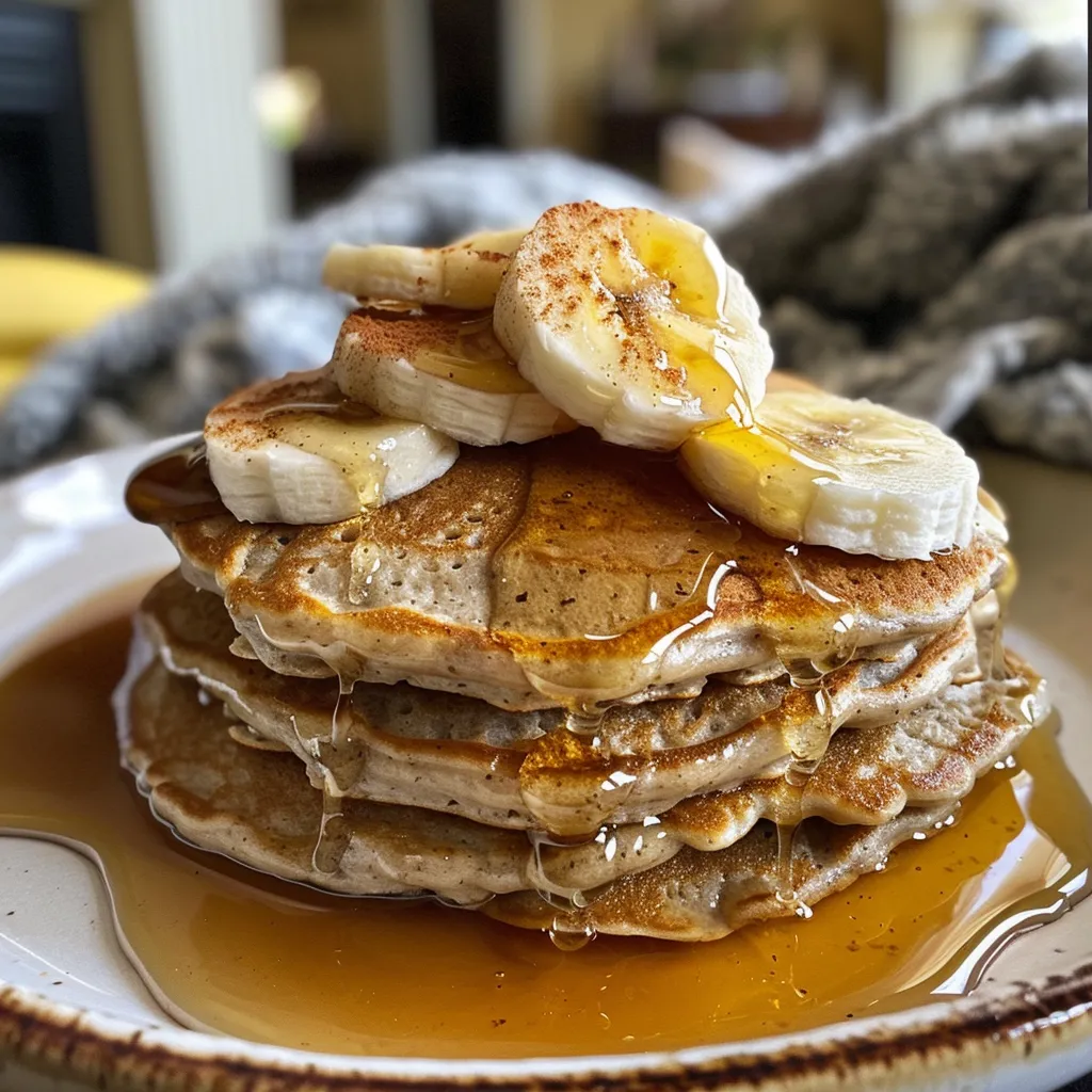 Close-up view of fluffy oatmeal pancakes with a drizzle of maple syrup.