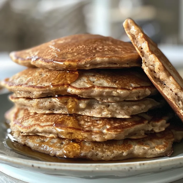 A close-up side view of golden-brown oatmeal protein pancakes stacked on a plate.