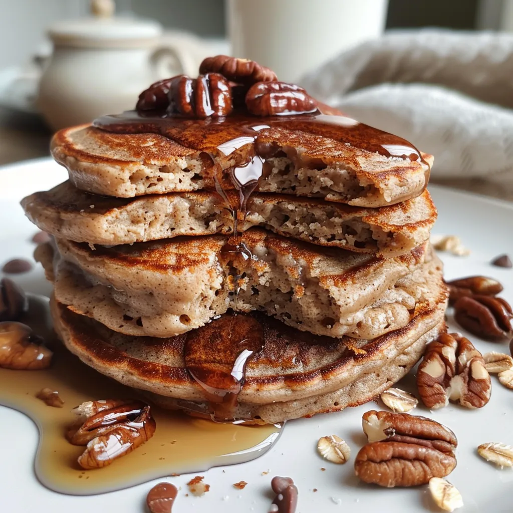 A detailed view of fluffy oatmeal protein pancakes with chocolate chips and pecans on top.