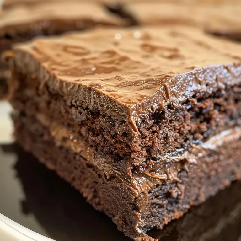 Close-up side view of a moist chocolate fudge cake on a plate.