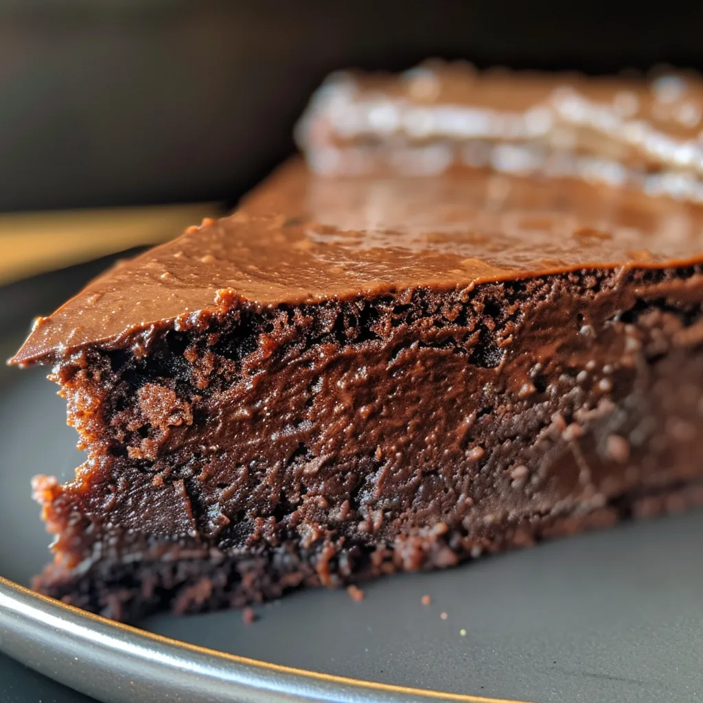 A rich, one-bowl chocolate fudge cake displayed elegantly, showing its texture.