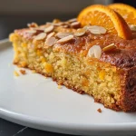 Close-up view of a moist orange almond olive oil cake with a glossy glaze.