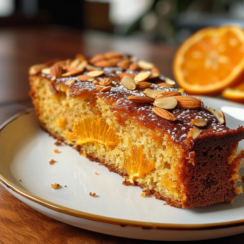 Side profile of a slice of orange almond olive oil cake topped with orange slices and almond slivers.