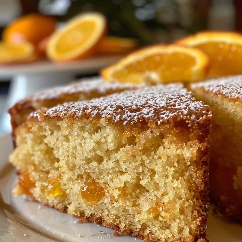 Close-up of a slice of orange olive oil cake with a vibrant orange glaze, highlighting the juicy interior.